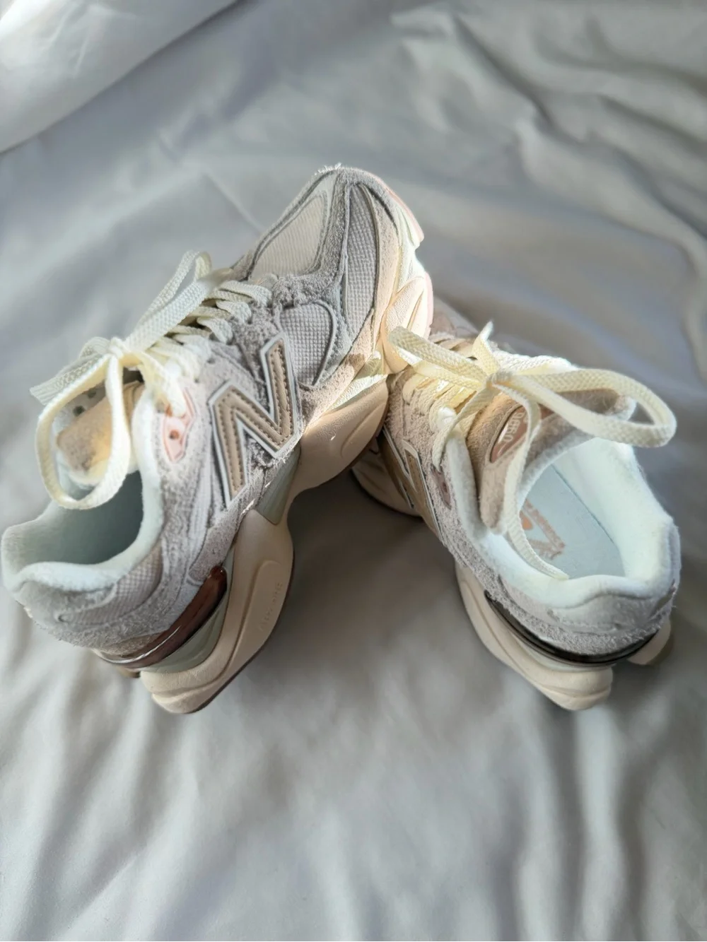 New Balance Women's 9060 in Bisque Sea Salt, thick structured suede Sneakers
